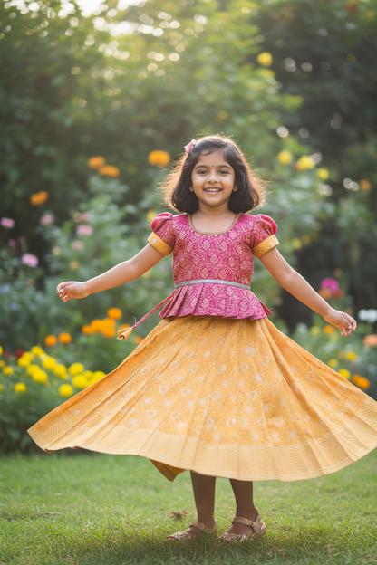 Ready To Wear Yellow Colour Pavadai with Contrast Red Colour Blouse.