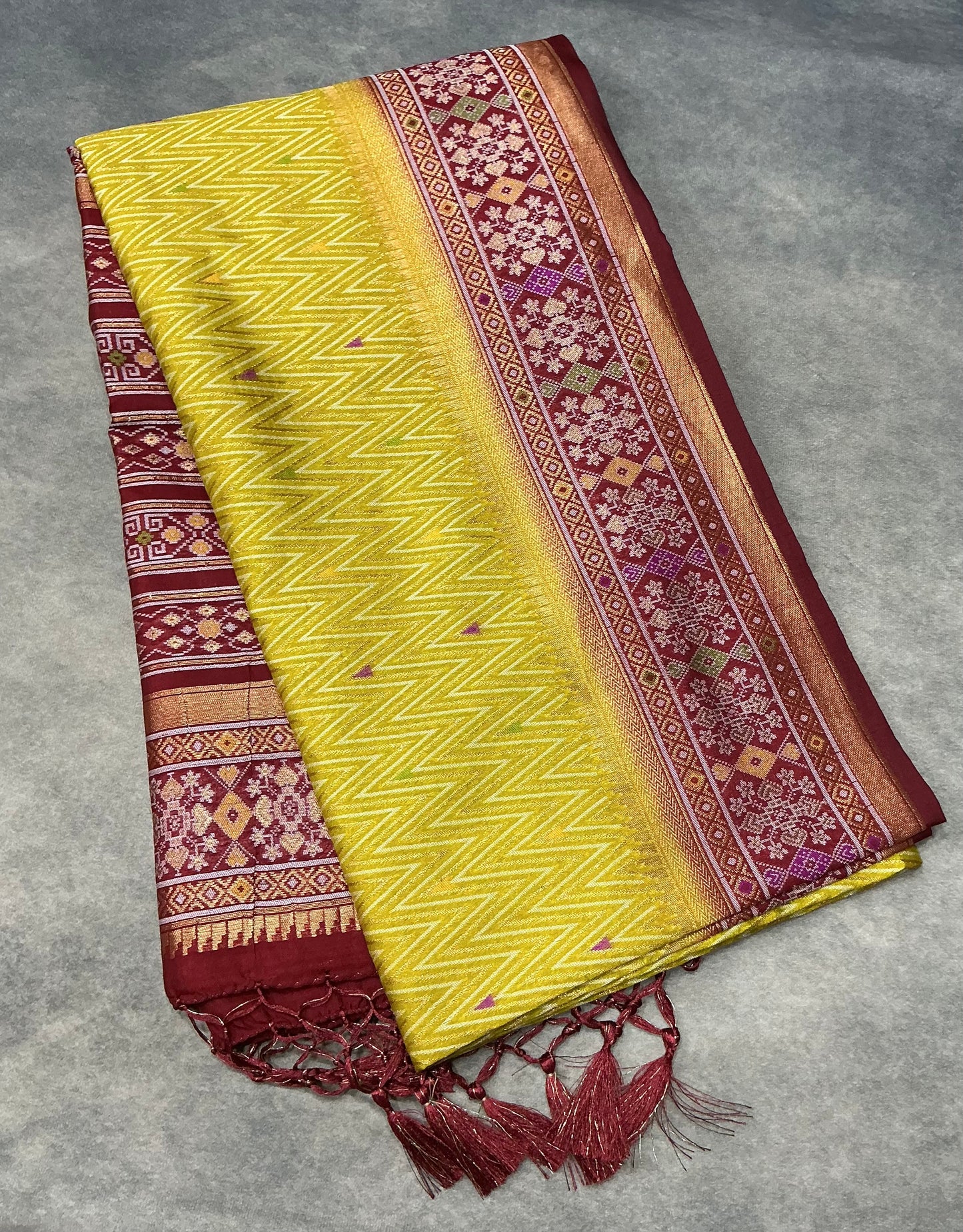 Mustard Ikat Saree with Contrast Purple Color border