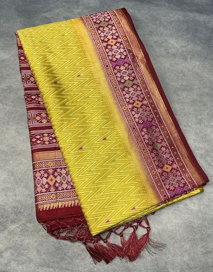 Mustard Ikat Saree with Contrast Purple Color border