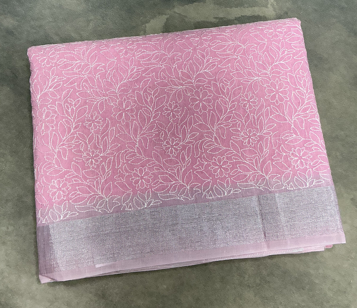 Silk Cotton Saree Baby Pink Color with Silver Zari Border