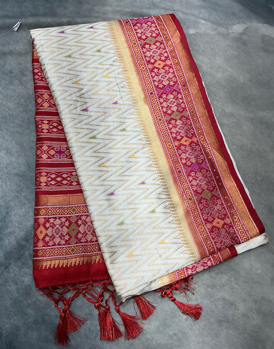 Ivory White & Crimson Red Ikat Vegan Silk Saree