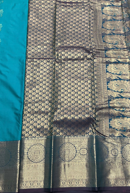 Rama Green Color Vegan Silk saree with Brown border