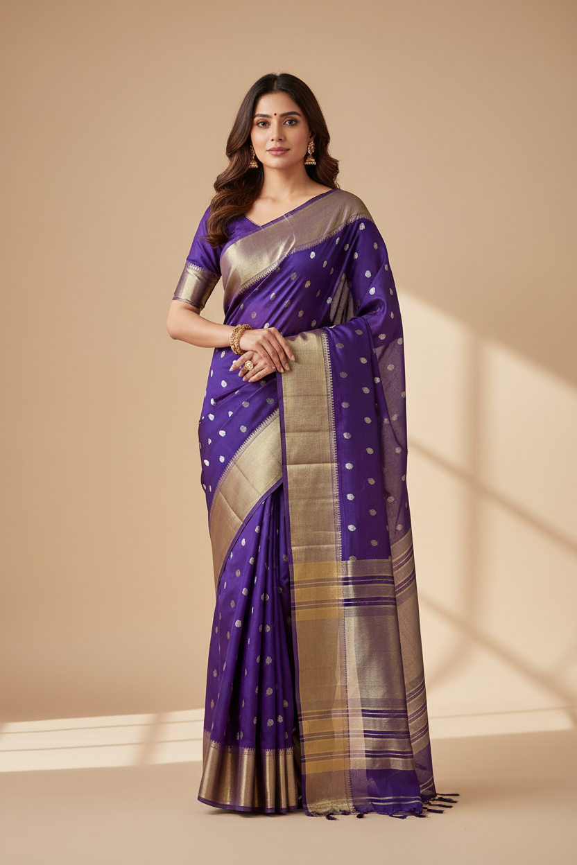 Semi Banarasi Saree Purple Color with Zari Border