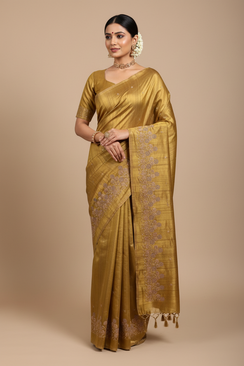 Mustard Yellow Tussar Saree with Cut Work Border