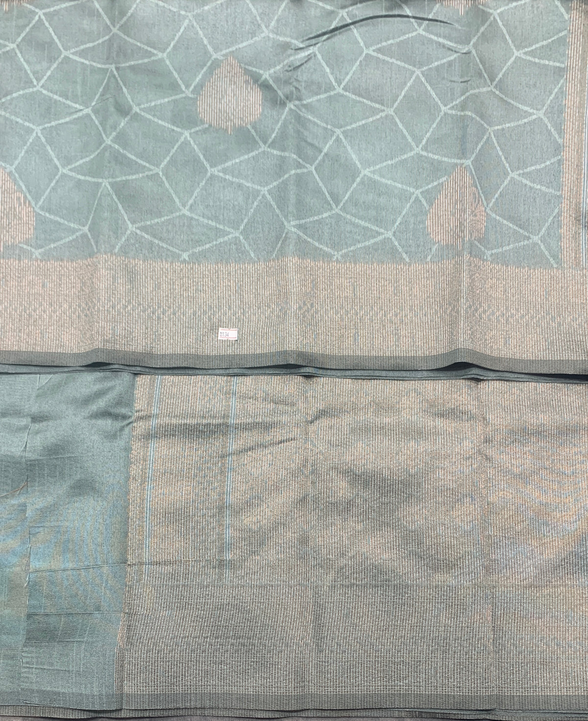 Jute Silk Saree – Greyish Green with Leaf Butta and Zari Border