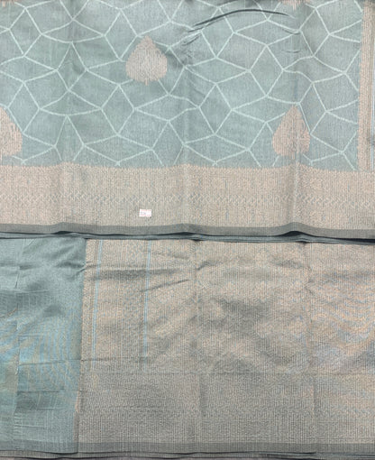 Jute Silk Saree – Greyish Green with Leaf Butta and Zari Border