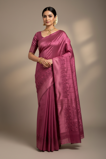 Dark Onion Pink Tussar Saree with Cut Work Border