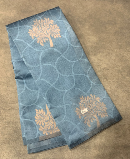 Sky Blue Colour Jute Silk Saree with Balloon Butta, Borderless
