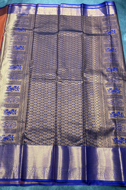 Peach Color Vegan Silk saree with Blue Colour with Floral Design border