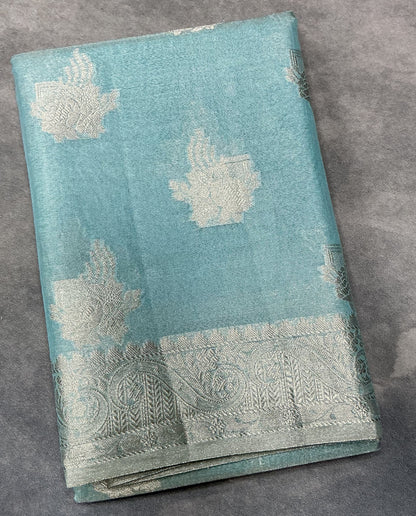 Katan Silk Saree Sky Blue Colour with Silver Zari Border