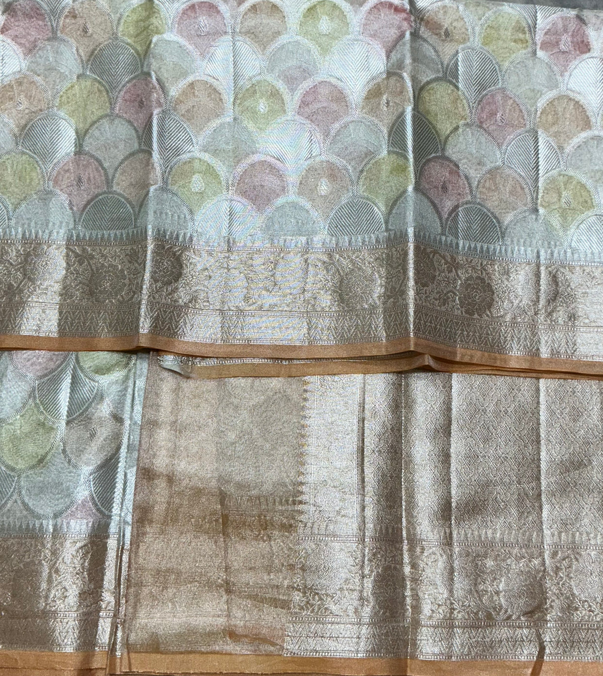 Katan Tissue Semi Silk Saree Multicolour Pastel with Rust Orange Colour Border