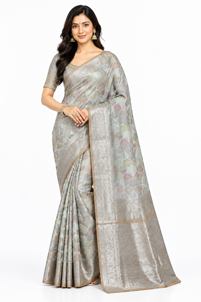 Katan Tissue Semi Silk Saree Multicolour Pastel with Rust Orange Colour Border