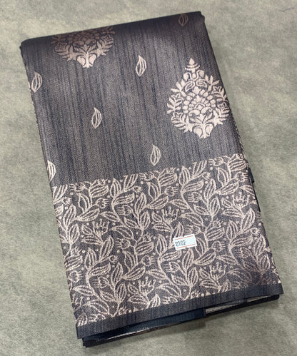 Semi Jute Silk Saree – Grey with Silver Zari Border (Style 2)