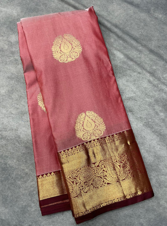 Onion Pink Color Vegan Silk saree with Brown Color with Mango and Floral Design border