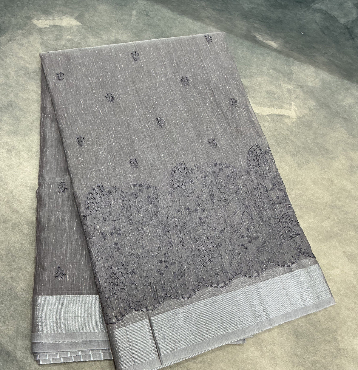 Silk Cotton Saree Gray Color with Silver Zari Border