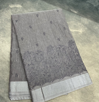 Silk Cotton Saree Gray Color with Silver Zari Border