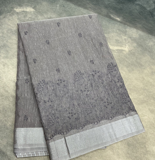 Silk Cotton Saree Gray Color with Silver Zari Border