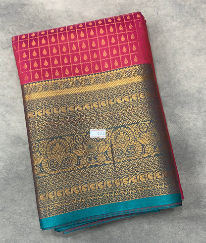 Pink Colour Kanchi Style Art Silk Saree with Rama Green Border and 1000 Butta