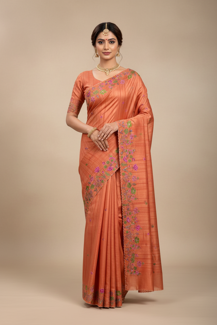 Orange Color Tussar Saree with Embroidered Border
