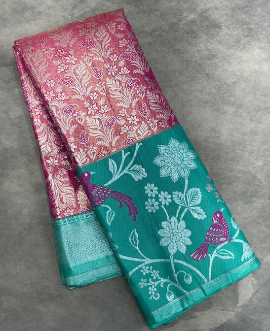 Pink Color Tissue Saree with Contrast Green Color Border