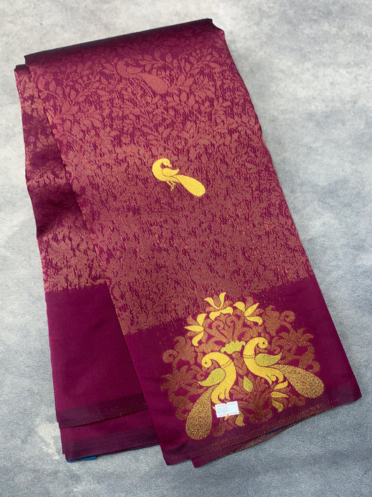 Maroon Colour Semi Silk Saree with Peacock Motif