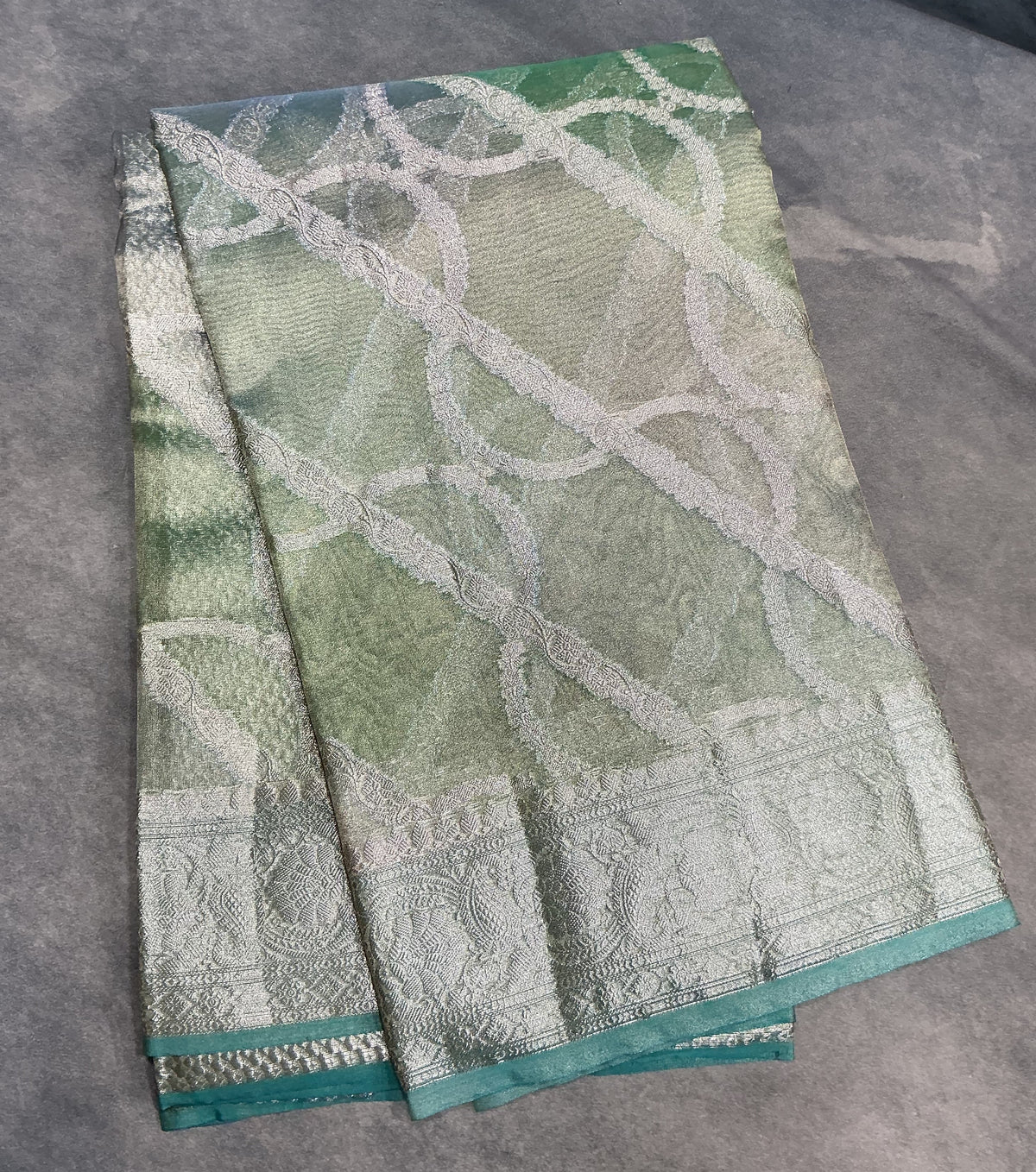 Katan Tissue Semi Silk Saree Sea Green Colour with Silver Zari Border