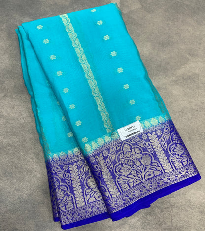 Sky Blue Colour Mysore Crepe Silk Saree with Blue Colour Border