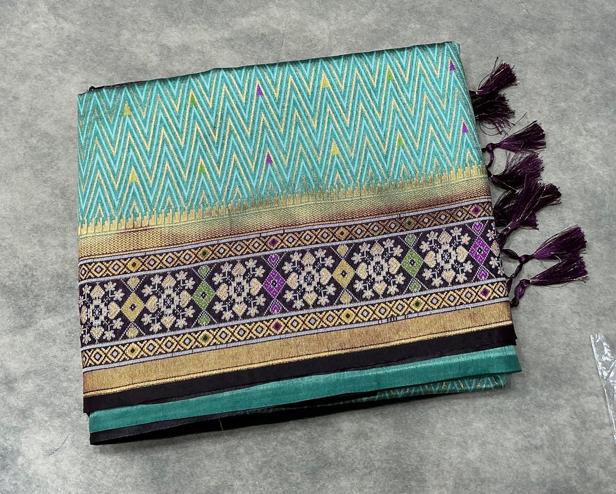 Sapphire Color Vegan Silk saree with Contrast Dark Magenta Color border