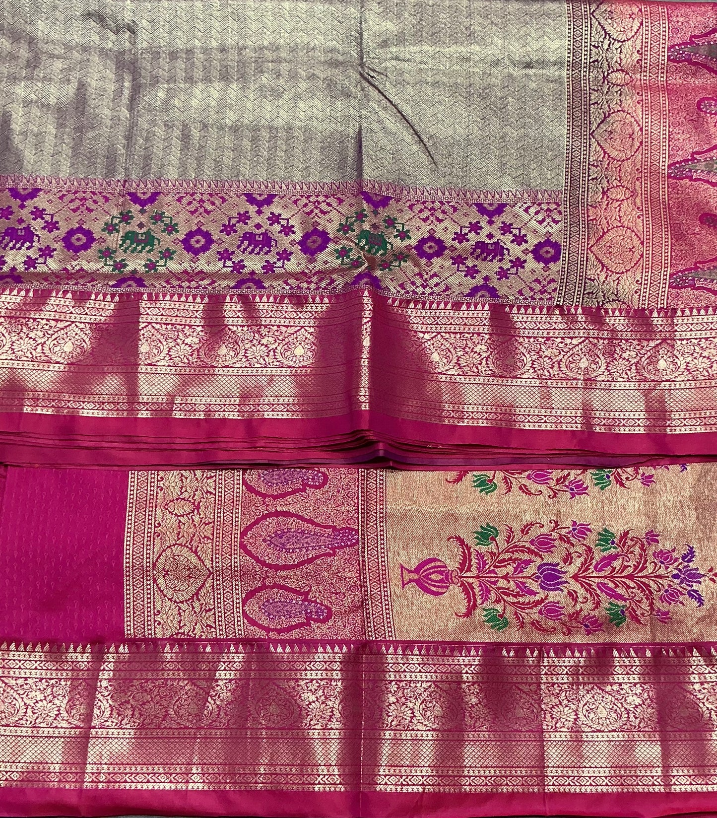 Gray Color Tissue Saree with contrast Pink Patola order