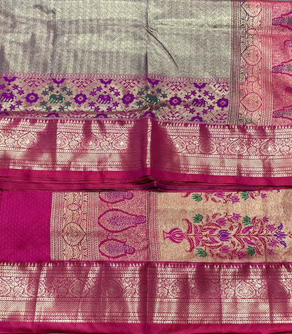 Gray Color Tissue Saree with contrast Pink Patola order