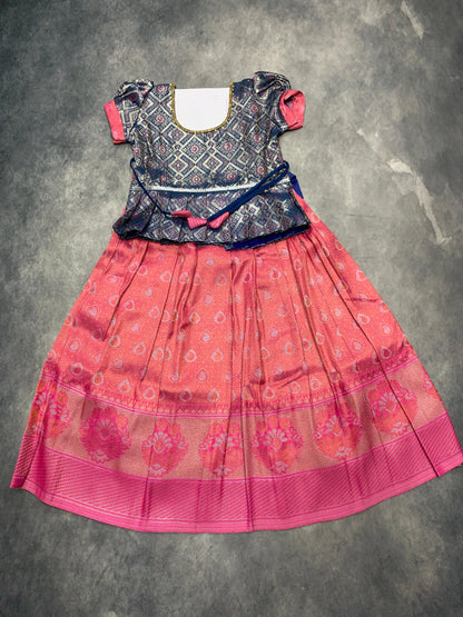 Ready To Wear Pavadai Pink Colour with Blue Colour Blouse