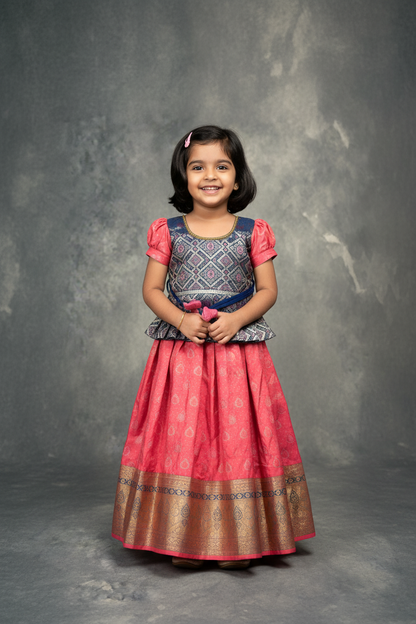 Ready To Wear Pavadai Pink Colour with Blue Colour Blouse