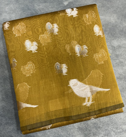 Silk Cotton Saree Mustard Colour with Peacock and Sparrow Butta