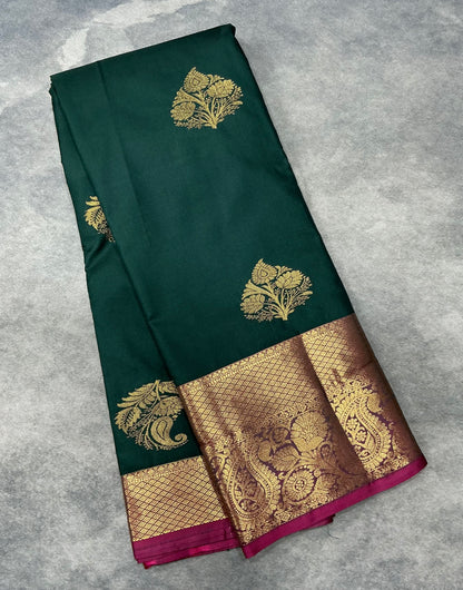 Green Color Vegan Silk saree with Pink border