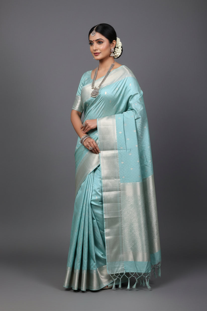 Teal Green Colour Kanjivaram Silk Saree with Zari Border