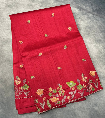 Red Color Tussar Saree with Embroidered Border