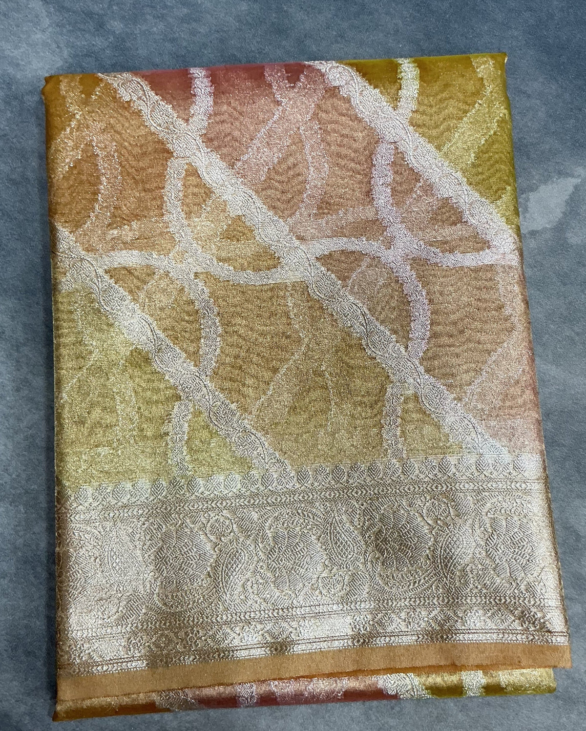 Katan Tissue Semi Silk Saree Mustard Yellow Colour with Silver Zari Border