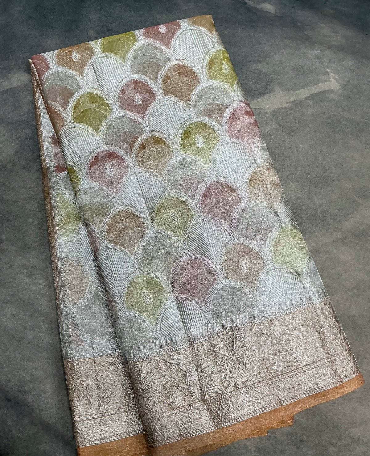 Katan Tissue Semi Silk Saree Multicolour Pastel with Rust Orange Colour Border