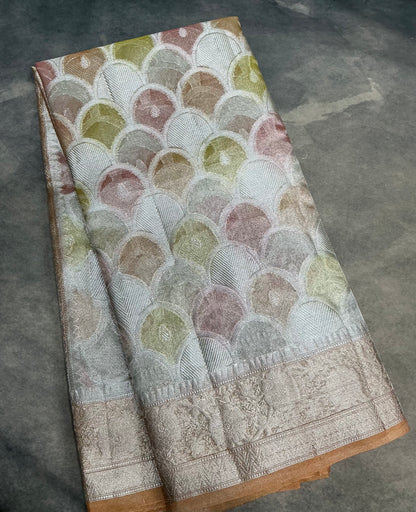 Katan Tissue Semi Silk Saree Multicolour Pastel with Rust Orange Colour Border