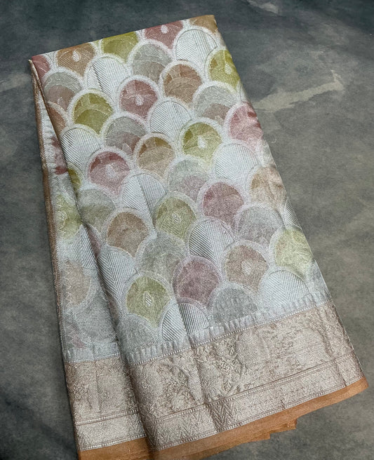 Katan Tissue Semi Silk Saree Multicolour Pastel with Rust Orange Colour Border