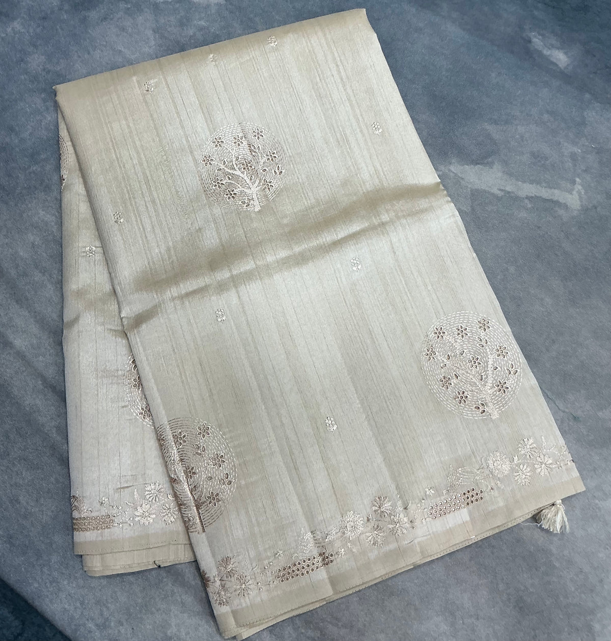 Cream Tussar Saree with Cut Work Border