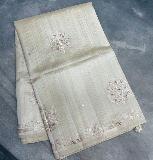 Cream Tussar Saree with Cut Work Border