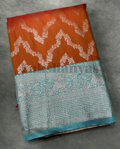 Orange Vegan Silk saree with Sapphire Color border