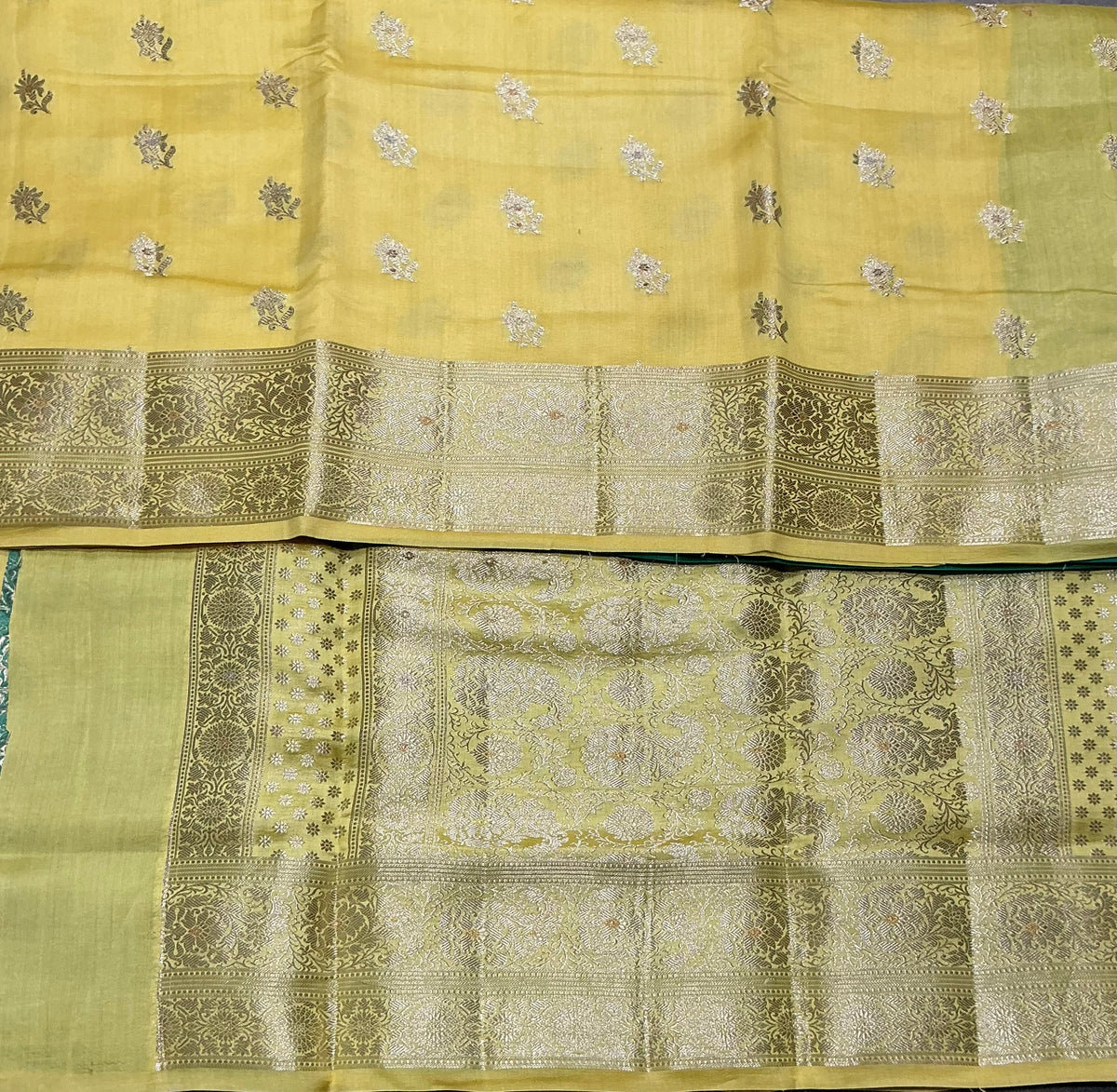 Semi Tussar Silk Saree Yellow Colour with Silver Zari Border