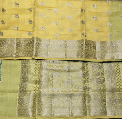Semi Tussar Silk Saree Yellow Colour with Silver Zari Border