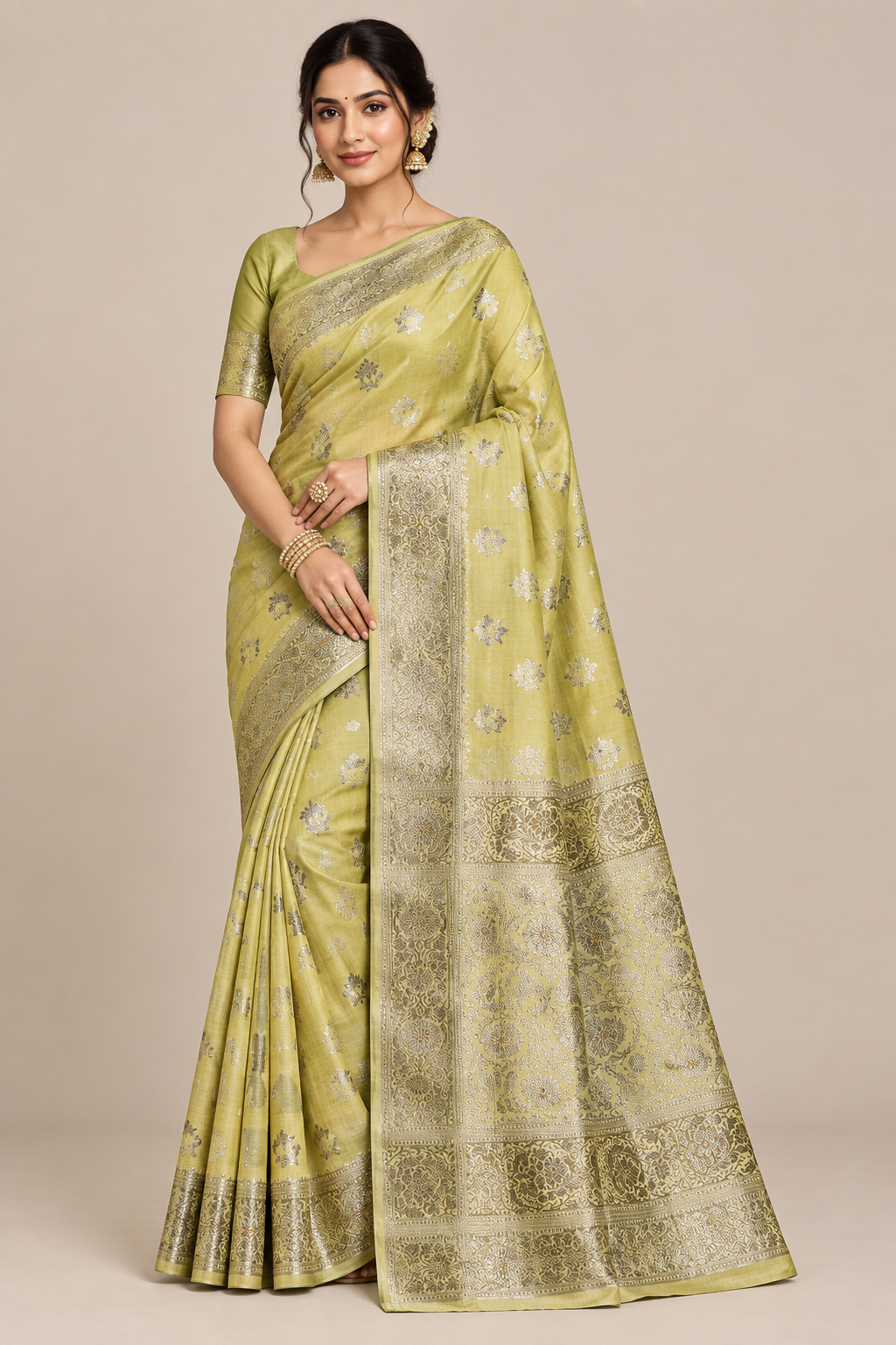 Semi Tussar Silk Saree Yellow Colour with Silver Zari Border