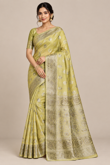 Semi Tussar Silk Saree Yellow Colour with Silver Zari Border