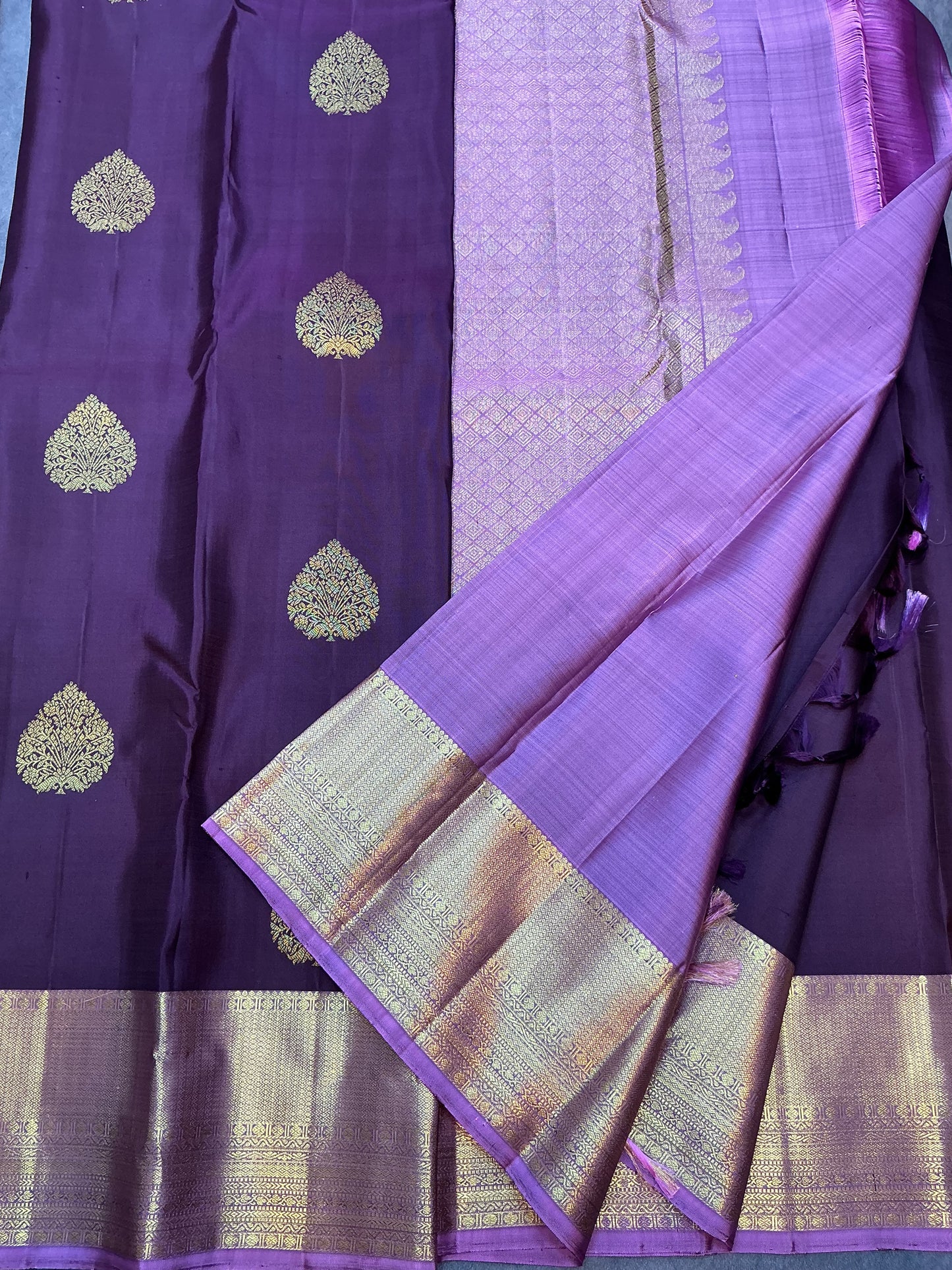 Deep Plum Colour Kanjivaram Silk Saree with Lavender Colour Border