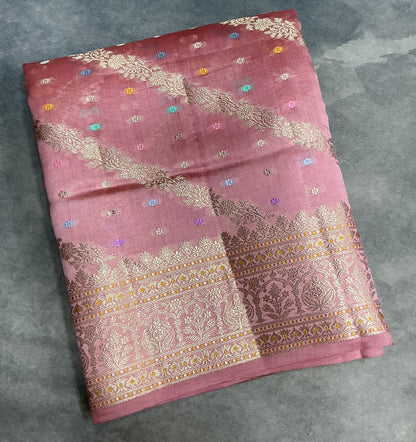 Semi Tussar Silk Saree Light Pink Colour with Silver Zari Border