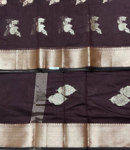 Semi Banarasi Saree Brown Colour with Sliver Zari Border
